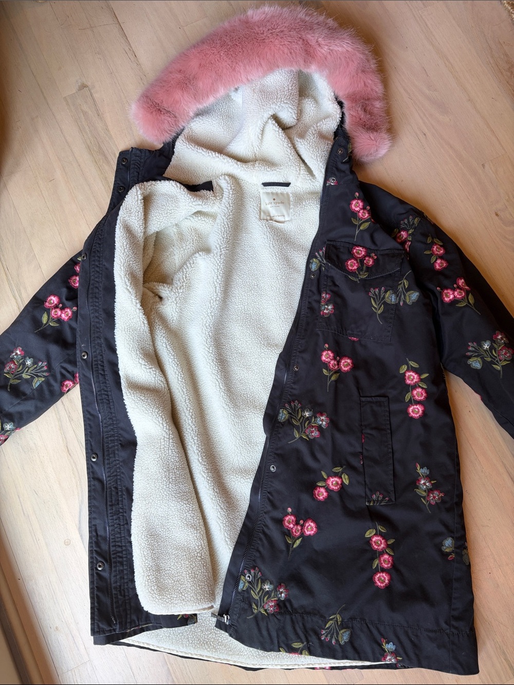 kate spade Black Floral Hooded Parka with Pink Fur Trim